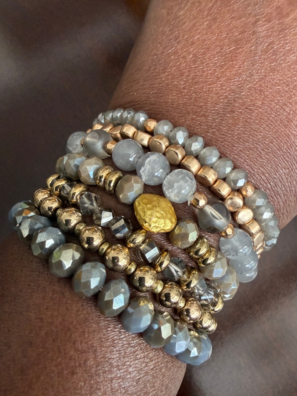 11PC Stacked Gray & Gold Beaded Bracelet and Earrings Set - Picture 5 of 9